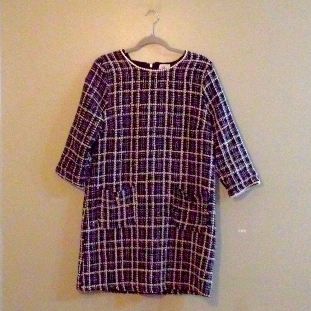 Adorable Blk/Wht Plaid Bungalow Shift Dress with Pockets & Pearl Buttons Size L